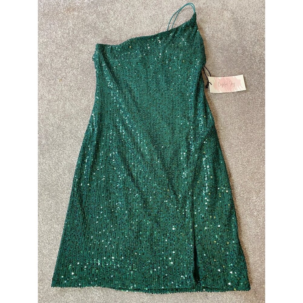 NWT Crystal Sky Green Sequin One-Shoulder Dress Spaghetti Strap Size 10